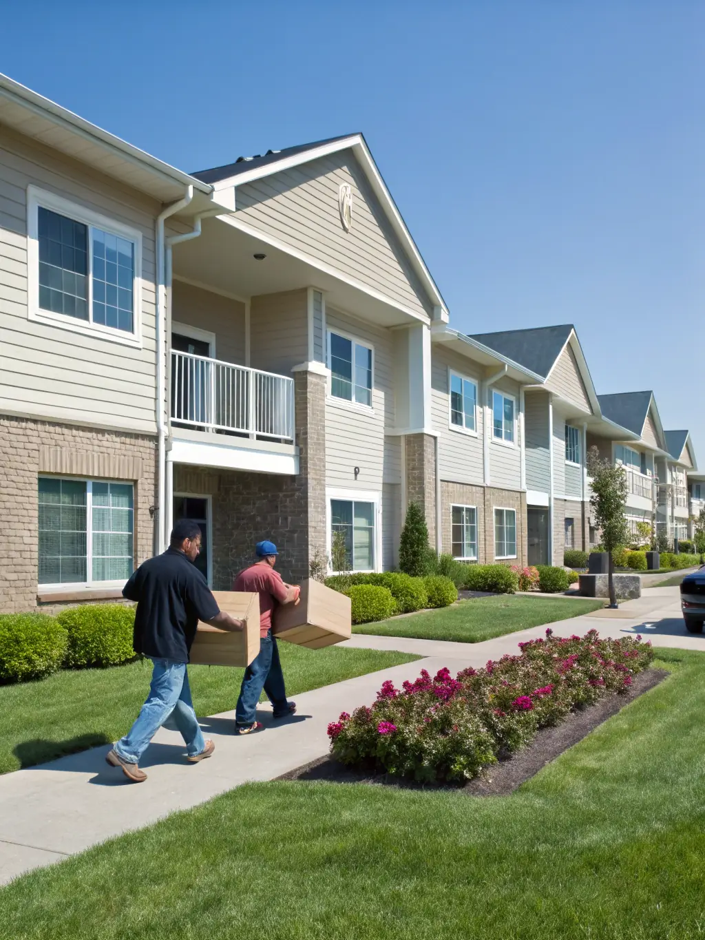 A modern apartment building with tenants moving in, representing a successful DSCR loan investment property.
