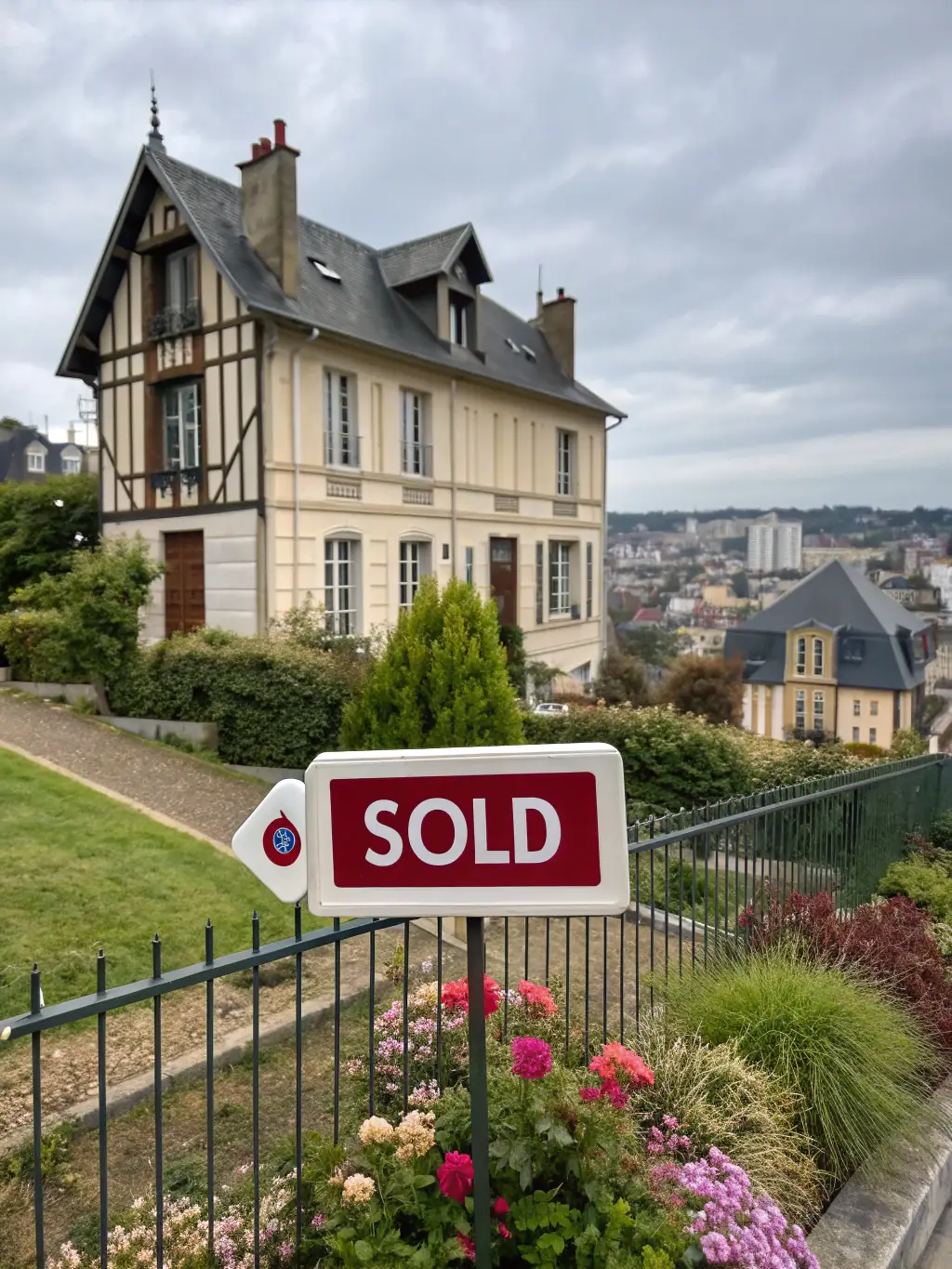 A newly renovated house with a 'sold' sign in the front yard, showcasing a successful fix and flip project financed by Impulse Capital Partners.